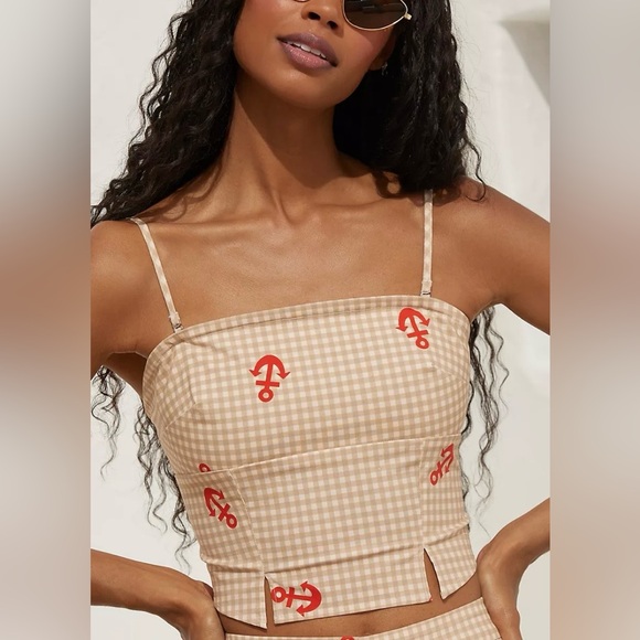 Anthropologie Tops - Anthropologie Celandine Smocked Tube Top Anchor Print Beige